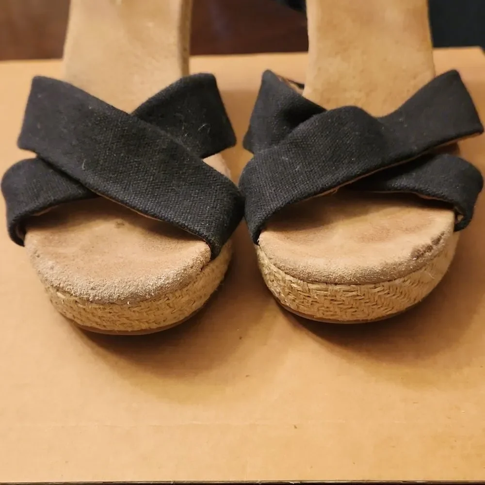 Toms Black & Tan Woven Espadrille Wedge Heels w/ Ankle Straps Size 7.5